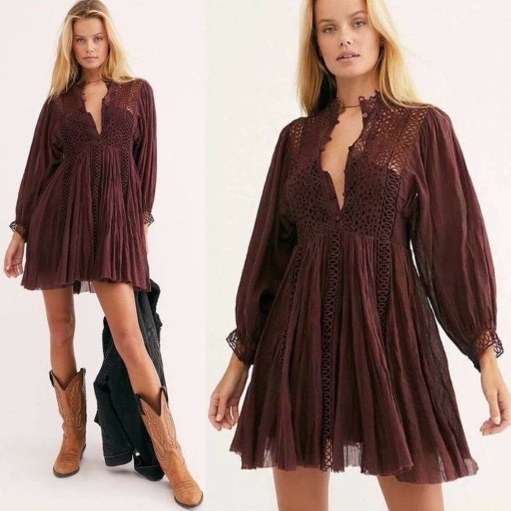FP Maroon Brown One Karma Eyelet Crochet Mini Dress